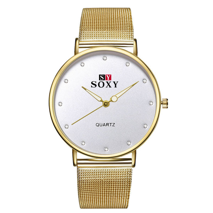 "Golden Fashion Quartz Watch – Circular Dial with Stainless Steel Clasp"