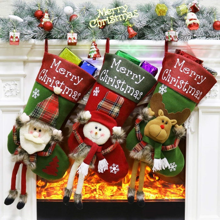 2024 New Year Xmas Big Stockings Set Decorations Christmas 3D Plush Big Sock Christmas Tree Pendant Decorating Supplies